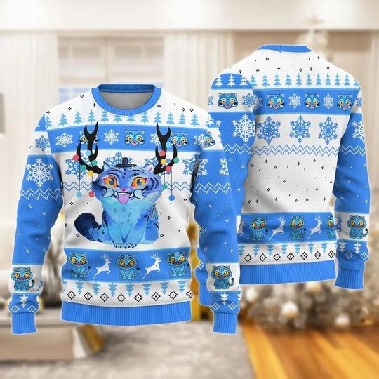 Blue Tiger Kpop Ugly Sweater, Christmas Derpy Tiger Demon Huntrix Sweater, Demon Hunter Costume, 2025 Kpop Movie Derpy Demon Ugly Sweater