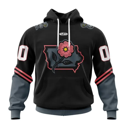 Personalized Iowa Heartlanders Hoodie 2025/26 Black With Iowa Rose Design