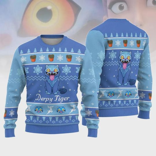 Christmas Derpy Tiger Kids Ugly Sweater, Kpop Movie Derpy Demon Ugly Sweater, Blue Tiger Kpop Cosplay Kids Sweater