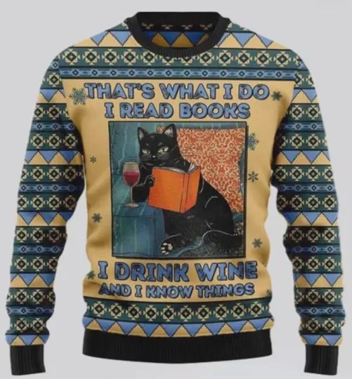 Discover Unisex Funny Cat Reading Books Wine Knit Sweater Novelty Pullover