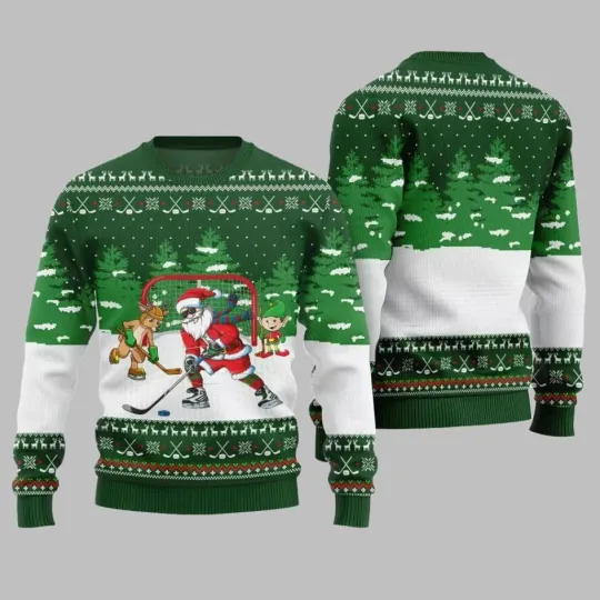 Discover Santa Playing Hockey Ugly Christmas Sweater Funny Xmas Party Holiday Pullover Un