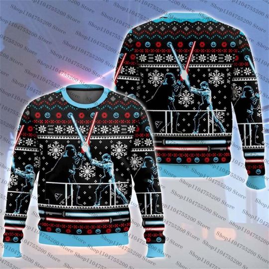 Lightsaber Duel Faux Ugly Christmas Holiday Xmas Santa Sweater Men Women Pullover Round Neck Long Sleeve Top 2026 New Sweatshirt