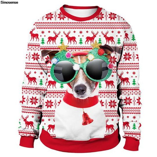 Discover Men Women New Year Eve Tacky Xmas Sweatshirt Pullover Holiday Party Jumper Tops 3D Christmas Dog Print Ugly Christmas Sweater