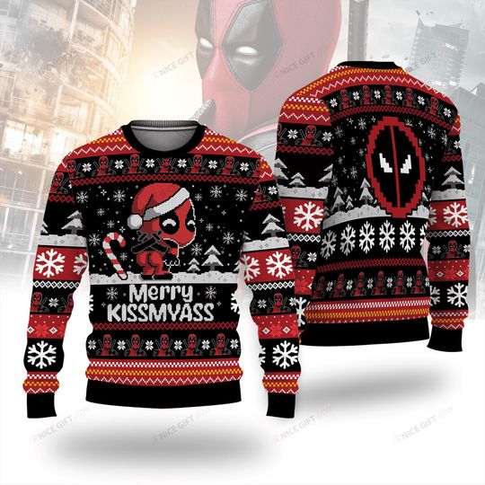 Discover Chibi Deadpool Merry Kissmyass Ugly Christmas Sweater, Funny Deadpool Holiday Sweater, Superhero Fan Gift
