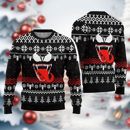 Venom Christmas Ugly Sweater, Marvel Spiderman Xmas Sweatshirt, Scary Movie Holiday Sweater for Men Women