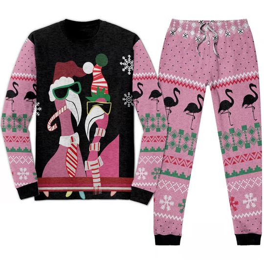 Discover Christmas Flamingo Pajama Set with Candy Design for Adults, Holiday Family Sleepwear