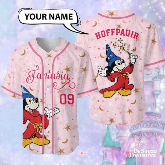 Discover Personalized Fantasia Mickey Baseball Jersey  Custom Name Sorcerer Mickey Shirt  Disney Matching Family Trip Outfit for Adult & Kids