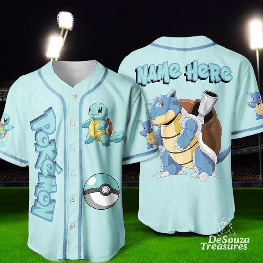 Custom PKM Squirtle Baseball Jersey  Aloha Blastoise Anime Shirt  Personalized Name Jersey
