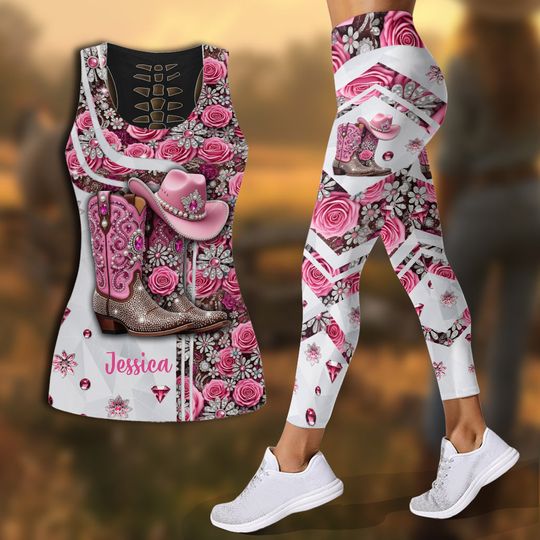 Discover Cowgirl Boots - Personalized Cowgirl Hollow Tank Top and Leggings