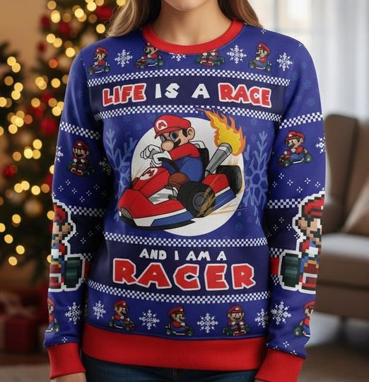Mario Kart Ugly Christmas Sweater, Gamer Racing Sweater, Fun Xmas Gift For Men Women