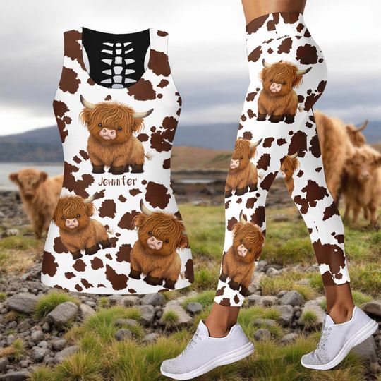 Discover Cute Highland Cows - Personalized Highland Cow Hollow Tank Top and Leggings
