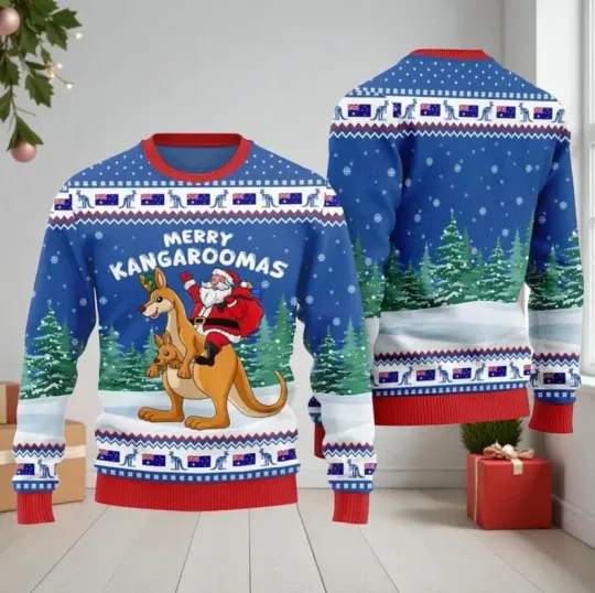 Merry Kangaroomas Ugly Christmas Sweater Funny Australia Kangaroo Xmas Gift Unis