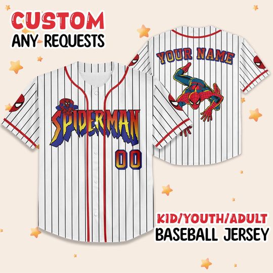 Discover Custom Spider-Man Baseball Jersey, Superhero Birthday Outfit, Personalized Name Number Shirt, Shirt For Kids and Adults.