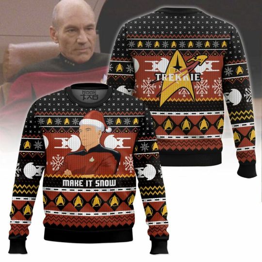 Make It Snow Captain Picard ST Ugly Christmas Sweater Funny Holiday Party Pullover Plus Size Sweater for Men Xmas Gift 2026