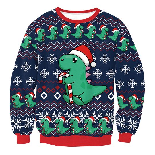 Discover Men Women Xmas Sweatshirt 3D Christmas Snowflakes Print Holiday Party Jumper Tops Pullover Cute Dinosaur Ugly Christmas Sweater