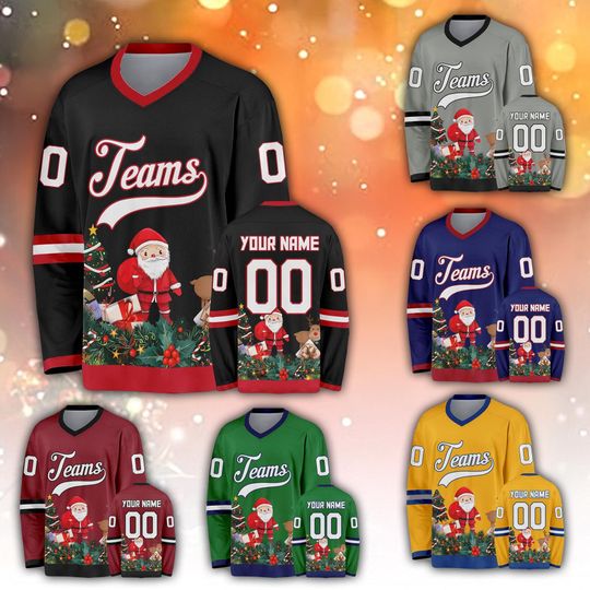 Discover Personalized Christmas Hockey Jersey with Santa Claus, Custom Name & Number Team Shirt, Festive Holiday Sports.