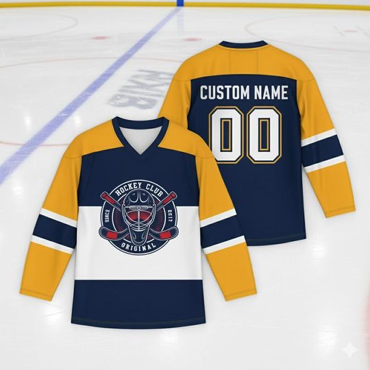 Discover Custom Hockey Jersey Navy Gold WS | Personalized Hockey Club Goalie Mask Logo Shirt | Unique Team Uniform Gift