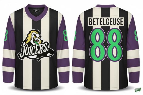 Discover Personalized BEEtlejuice JuiCCers Hockey Jersey - Custom Name & Number Striped Sweater - Black White Purple Green Cosplay Gift