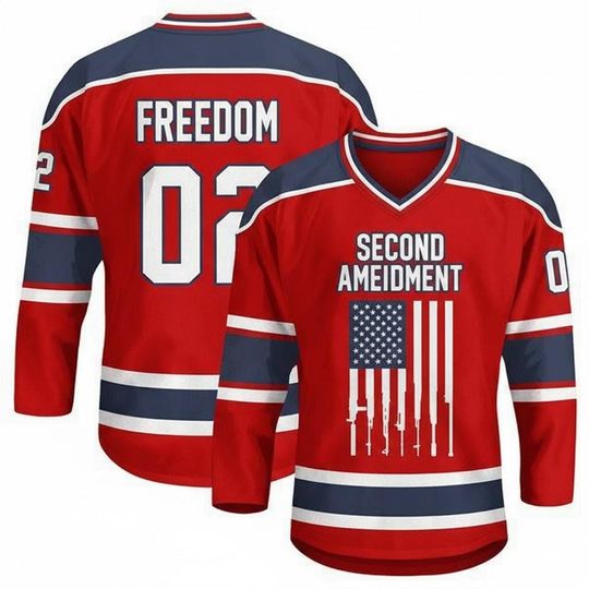 Discover Second Amendment Hockey Jersey - Freedom 02 Custom Red White Blue Patriotic Apparel - American Flag Gun Rights Fan Shirt