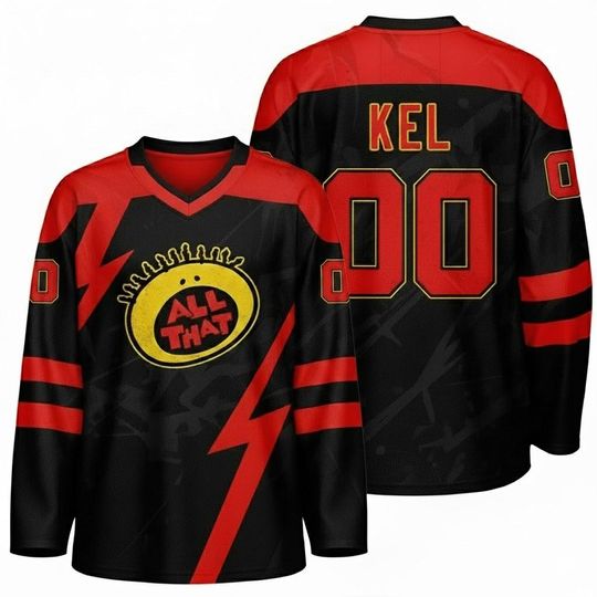 Vintage Nick 90s 'All That' Kel 00 Hockey Jersey - 90s Throwback Nick TV Show Fan Gift - Custom Black Red Sewn V-Neck Shirt