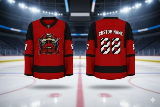 Discover Chimichangas Custom Hockey Jersey - El Suero Pop Culture Fan Gear | Personalized Red and Black Anti-Hero Sports Shirt |Funny Comic Book Gift