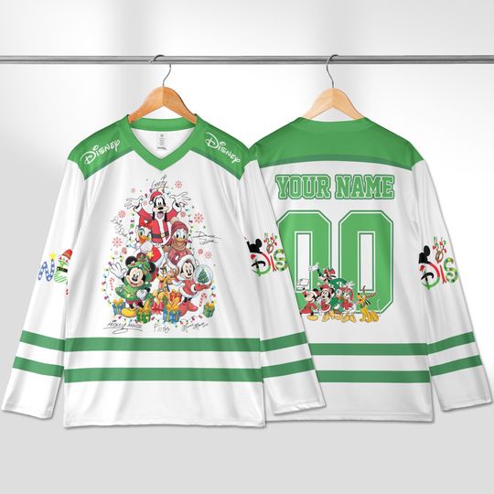 Discover Personalized Disney Christmas Hockey Jersey, Custom Holiday Team Outfit, Fun Hockey Lover Gift Shirt
