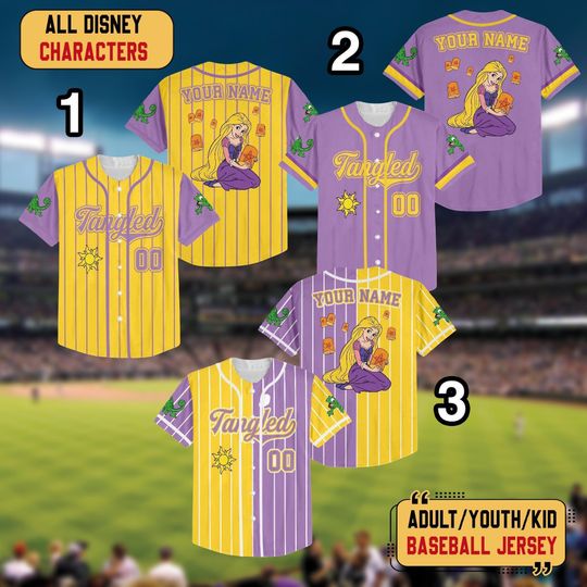Discover Personalized Tangled Baseball Jersey Shirt, Rapunzel Princess Pascal Kingdom Sun Baseball Shirt, World Disneyland Trip Birthday Girl Gift
