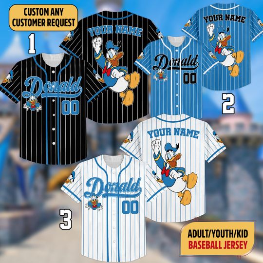 Discover Custom Donald Duck Striped Baseball Jersey, Disneyland Family Matching Jersey, Mickey Mouse Baseball Team Jersey, Gift For Disney Fans