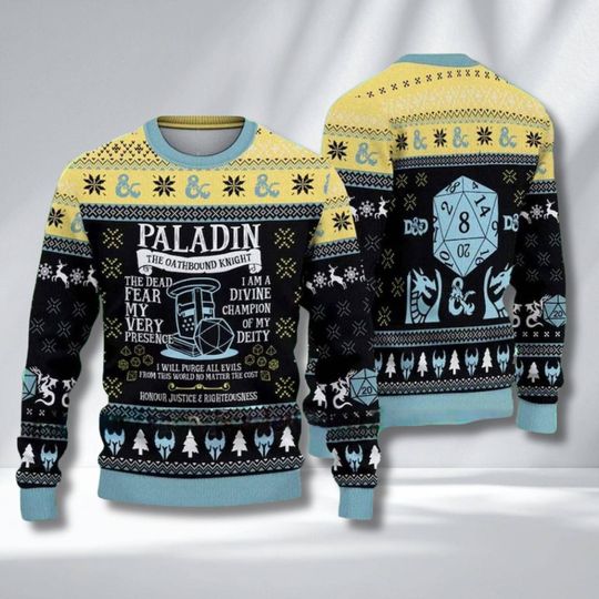 Discover Paladin Ugly Christmas Sweater D&D Dice Oathbound Knight Gamer Winter Jumper 3D Fantasy Holiday Gift
