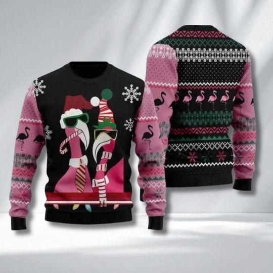 Discover Pink Flamingo Christmas Ugly Sweater with Santa Birds and Candy Cane Print