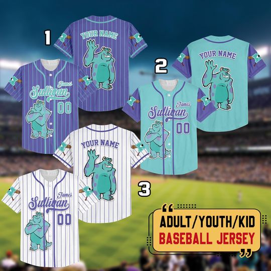 Discover Personalized Disney Monster Inc James Sullivan Cyan Baseball Jersey, Disney Baseball Matching Jersey, Monster Jersey, Birthday Gift For Fan