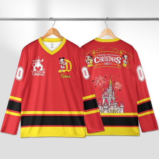 Discover Personalized Disney Christmas Hockey Jersey, Custom Holiday Team Outfit, Fun Hockey Lover Gift Shirt