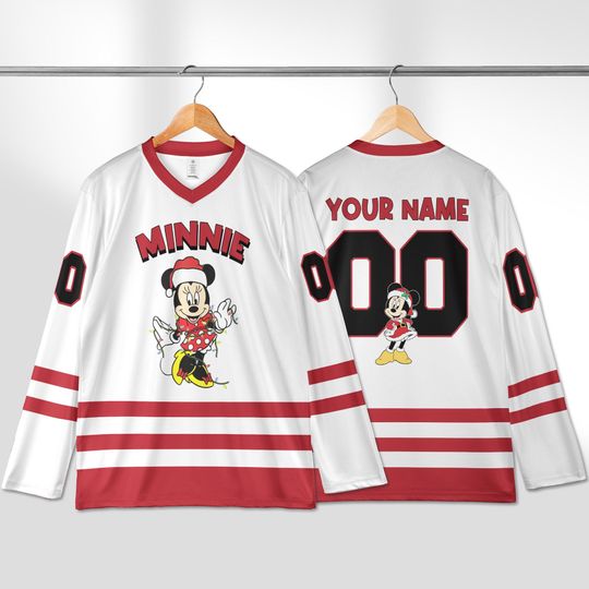 Discover Personalized Minnie Inspired Christmas Hockey Jersey, Custom Name Number Family Matching Holiday Shirt, Disney Xmas Jersey 2025