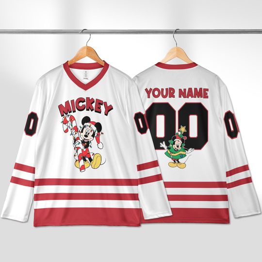 Discover Personalized Mickey Inspired Christmas Hockey Jersey, Custom Name Number Family Matching Holiday Shirt, Disney Xmas Jersey 2025