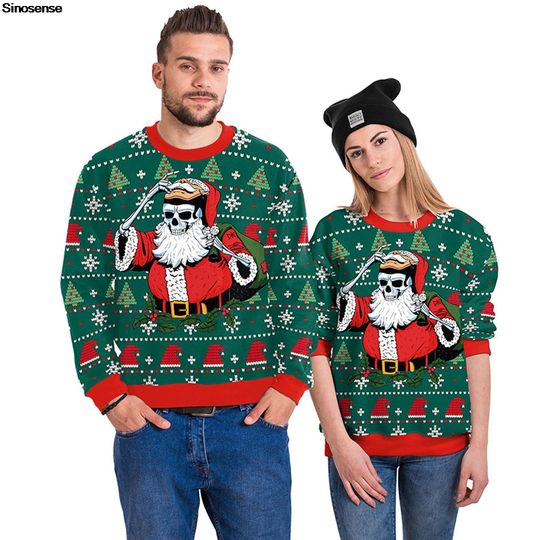 Men Women Xmas Sweatshirt 3D Christmas Trees Hats Snowfalkes Print Holiday Party Jumper Tops Santa Skull Ugly Christmas Sweater