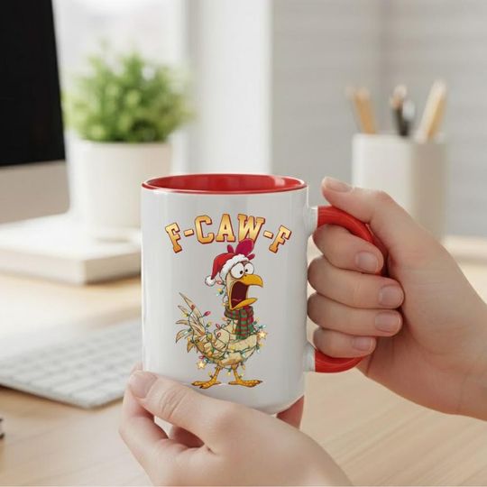 Discover Funny Chicken Christmas Mug, F-Caw-F Farm Animal Coffee Cup, Adult Humor Meme Gift, Chicken Wrapped in Lights Mug