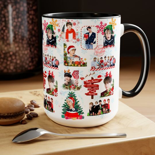BTS OT7 Christmas Mug, K-pop Holiday Coffee Cup, Ceramics, Includes Namjoon, Yoongi, Hobi
