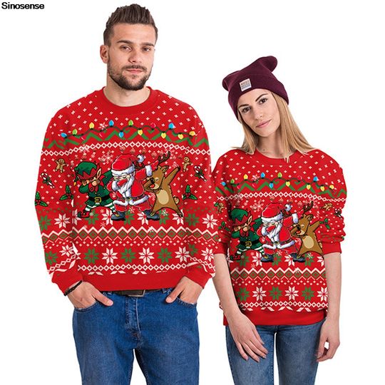 Discover Men Women Crewneck Tacky Xmas Sweatshirt 3D Funny Print Holiday Party Jumpers Tops Pullover Elf Dog Santa Ugly Christmas Sweater