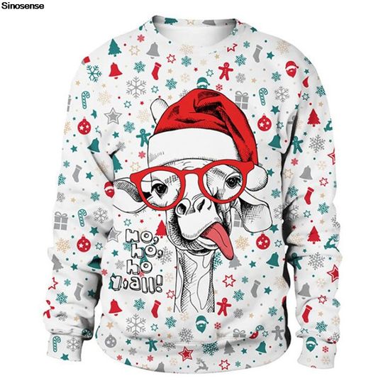 Discover Men Women Xmas Sweatshirt Pullover New Year Eve Holiday Party Jumper Tops 3D Christmas Giraffe Print Ugly Christmas Sweater