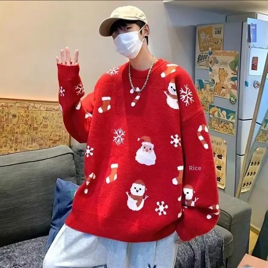 Loose Comfortable Christmas Santa Claus round Neck Pullover Sweater for Men Autumn Winter Fashionable Couples Matching Tshirt