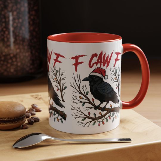 Discover F-CAW-F Christmas Mug, Funny Crow Meme Cup, Sarcastic Raven Gift for Coworkers & Bird Lovers, Accent Coffee Mug 11oz 15oz