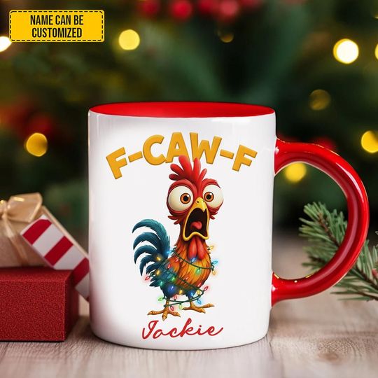 Discover F-Caw-F Chicken Wrapped in Christmas Lights Accent Mug, Chicken Meme Farm Accent Mug, Funny Adult Humor Mug Farm Animal Accent Mug