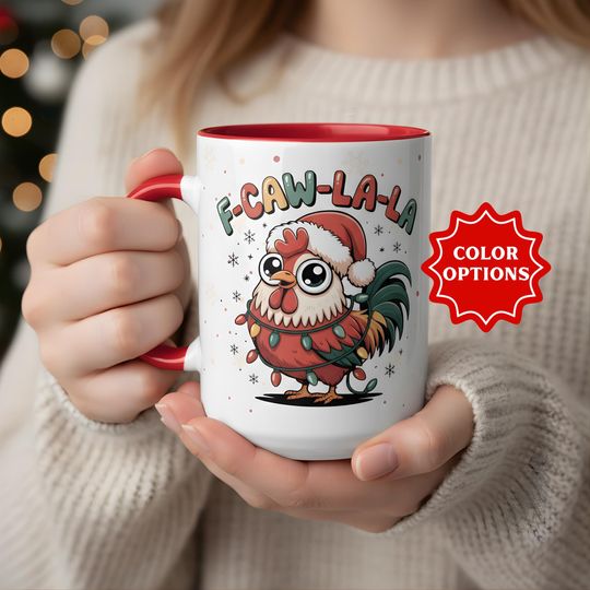Discover Funny Rooster Christmas Mug F Caw La La Mug | 15oz Accent Coffee Cup | Gift for Chicken Lover, Farmer, Coworker