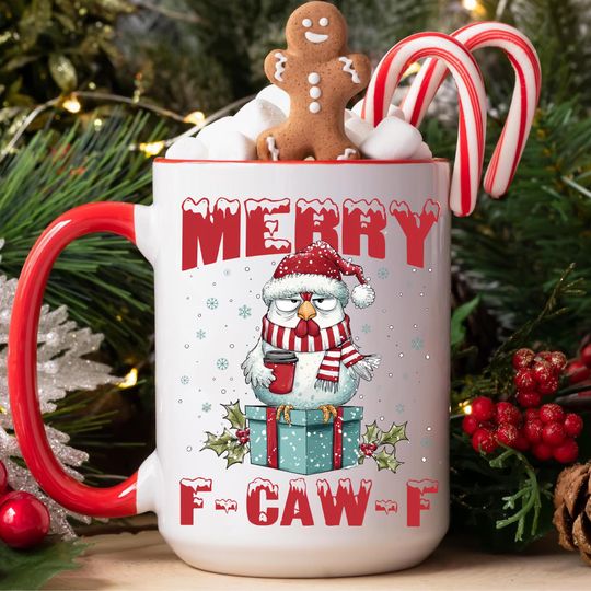 Discover Retro Merry Christmas F-Caw-F Chicken Mug, Funny Christmas Chicken Cup, Screaming Rooster Meme Mug, Vintage Santa Chicken