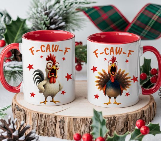 Custom F-Caw-F Funny Chicken Mug, Rooster Coffee Cup, Farm Animal Drinkware, Chicken Humor Christmas Gift