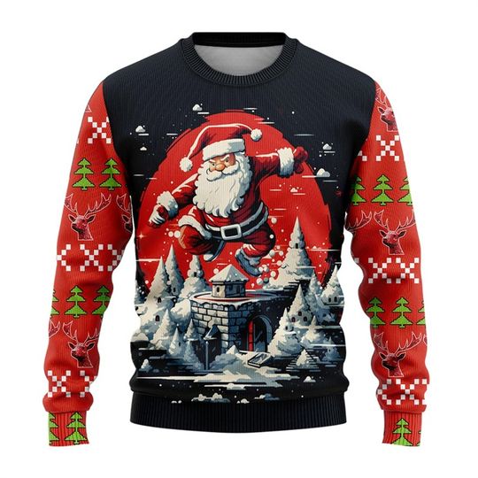 Discover 2026 new high-quality men's long sleeved top 3D printed with ugly Christmas elements pullover sweater