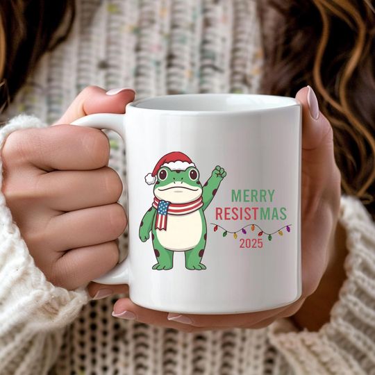 Discover Merry Resistmas 2025 Mug - Funny Political Frog Cup, Anti-Trump Christmas Gift, Activist Coffee Mug, Protest Holiday Cup, Liberal Gift