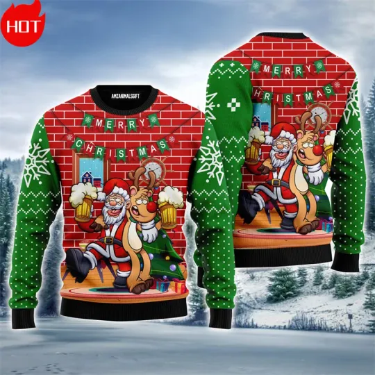 3D Merry Christmas Printed Sweatshirts Happy Beers Time Graphic Ugly Christmas Sweaters Fashion New In Sweaters Mens Clothing
