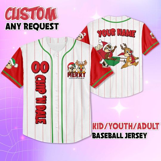 Discover Personalized Chip and Dale Merry Christmas Baseball Jersey, Custom Disney Chipmunks Jersey Shirt, Holiday Outfit, Xmas Gift for Fans