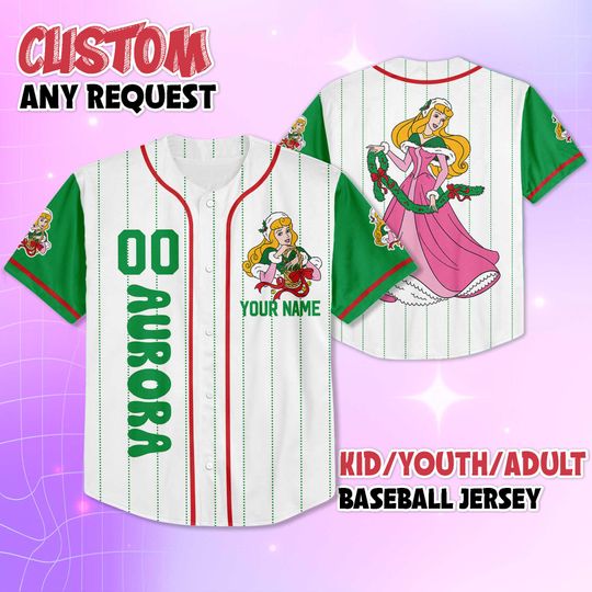 Discover Personalized Aurora Christmas Baseball Jersey, Custom Disney Princess Aurora Jersey Shirt, Holiday Team Outfit, Xmas Gift for Fans